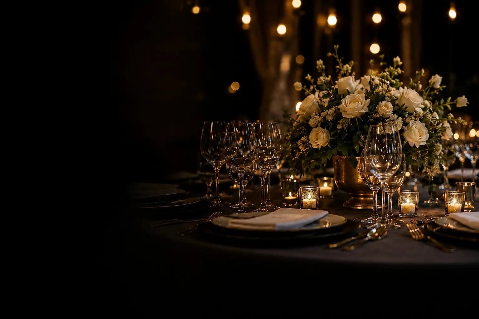Elegant catered celebration with Mediterranean dishes and warm ambient lighting