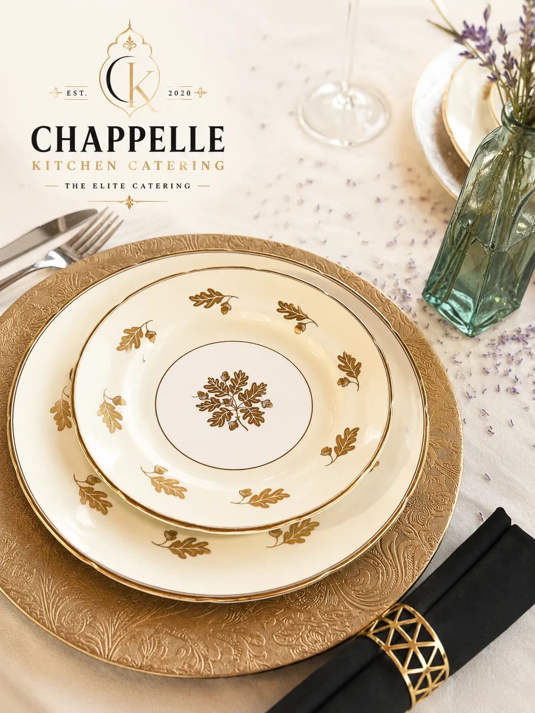 Elegant wedding reception catering with gold accents and Mediterranean dishes