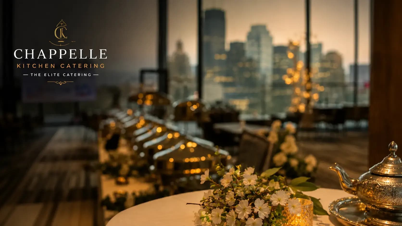 Luxury catered event with elegant table styling and warm ambient lighting