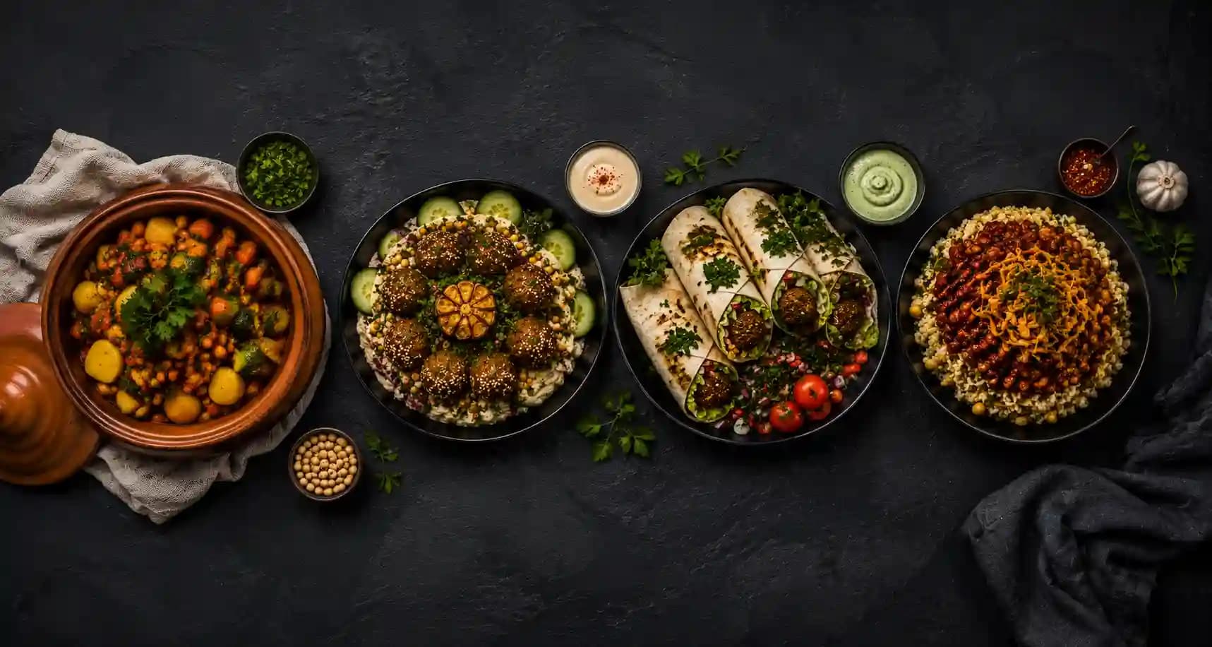 Colourful vegetarian dishes on a celebration table — explore more of our menu