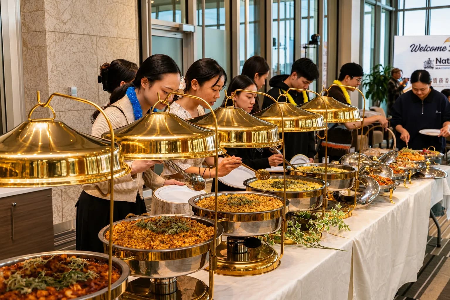 Community event banquet setup with candlelit presentation