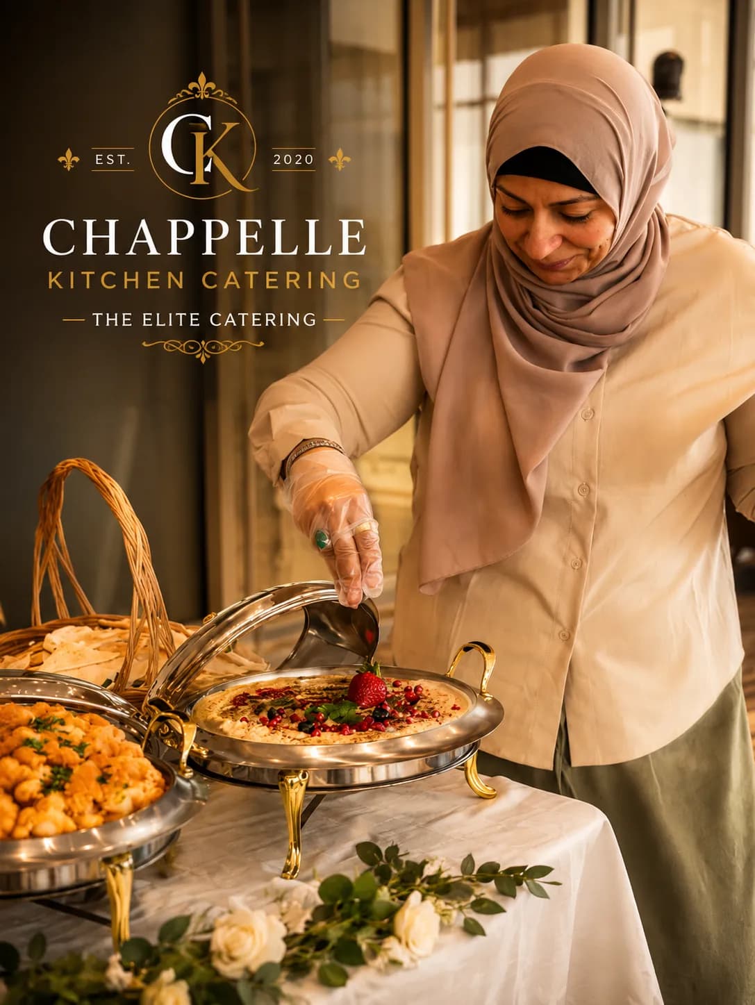 Executive lunch catering spread with Mediterranean dishes