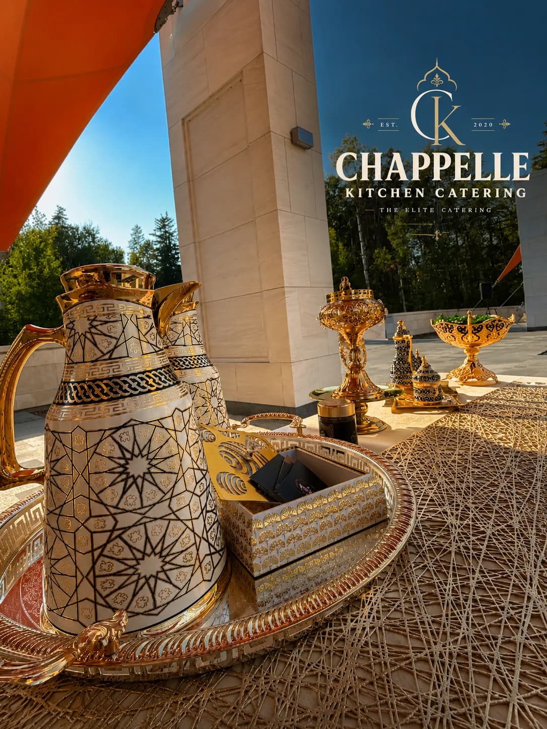 Elegant wedding reception catering display with gold accents