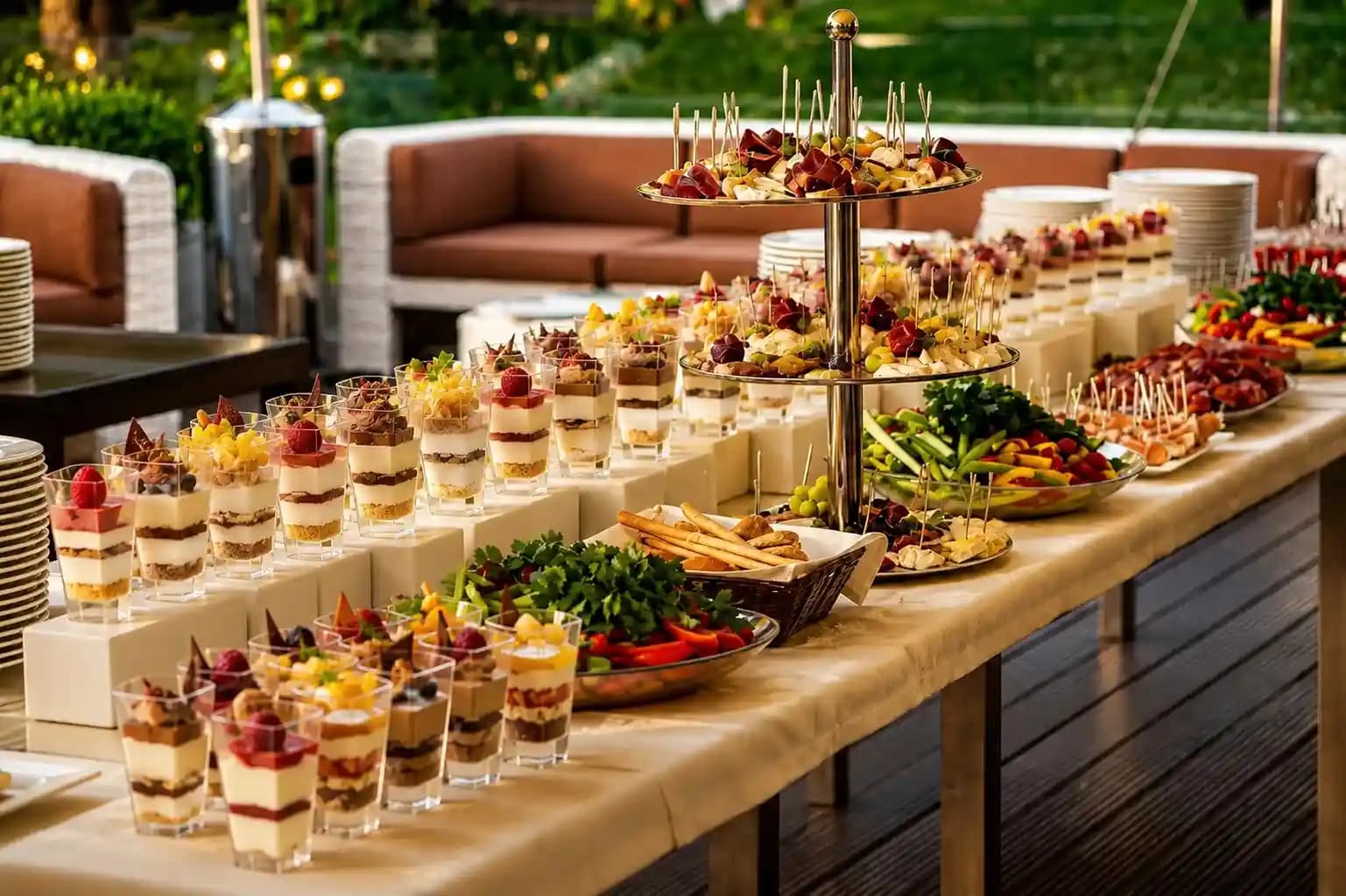 Wide view of an elegant catered event with Mediterranean buffet styling and warm ambient lighting