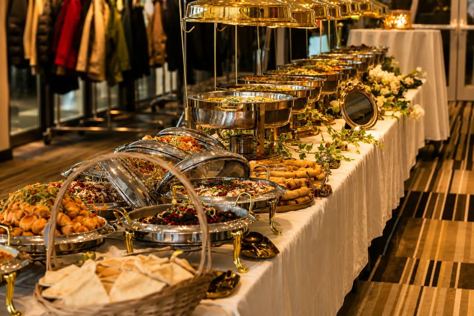 Premium corporate event with executive networking reception and professional catering setup